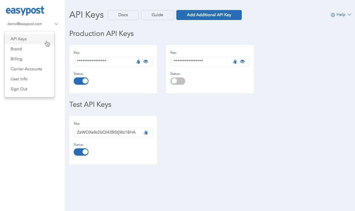 API Keys Page