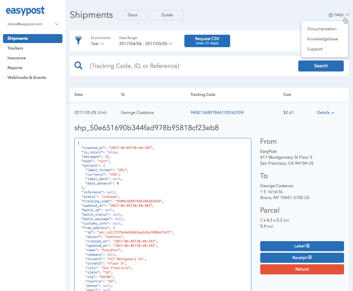 Shipments Page