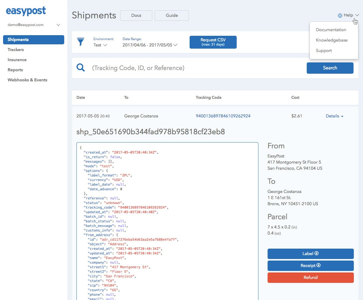 Shipments Page