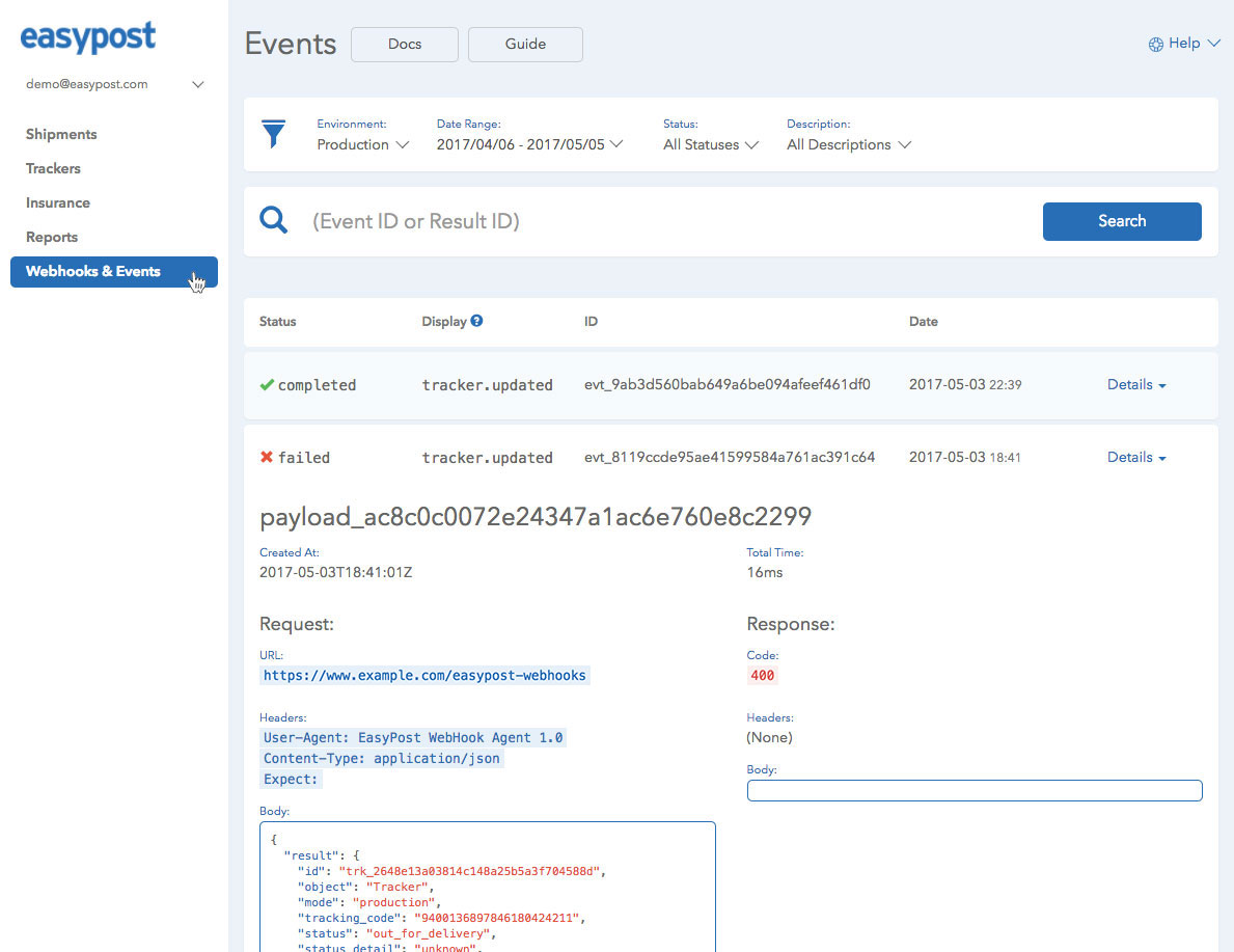 Webhooks & Events Page