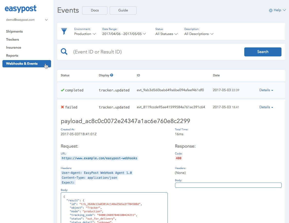 Webhooks & Events Page
