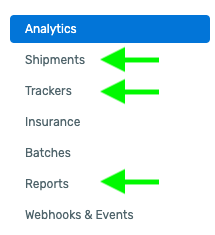 Screenshot of menu with arrows pointing to Shipments, Trackers, and Reports