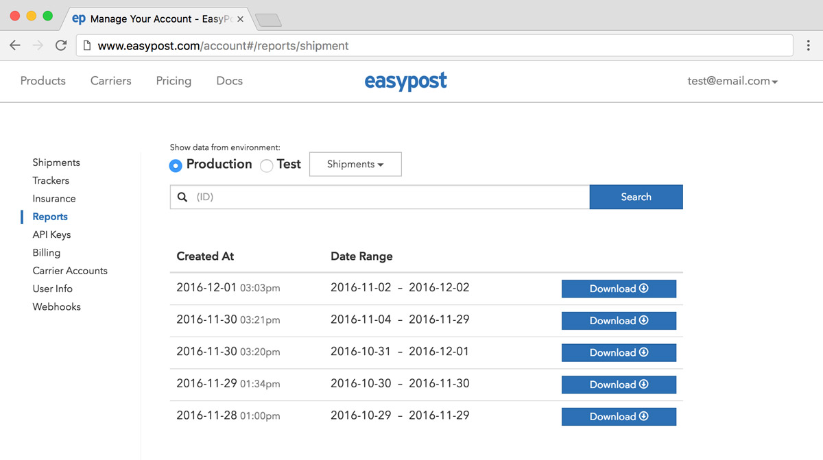 EasyPost Reports Dashboard