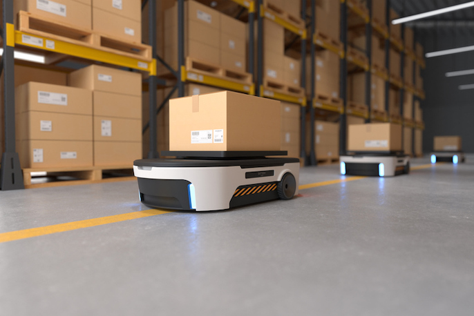 Robots Move Packages in Warehouse