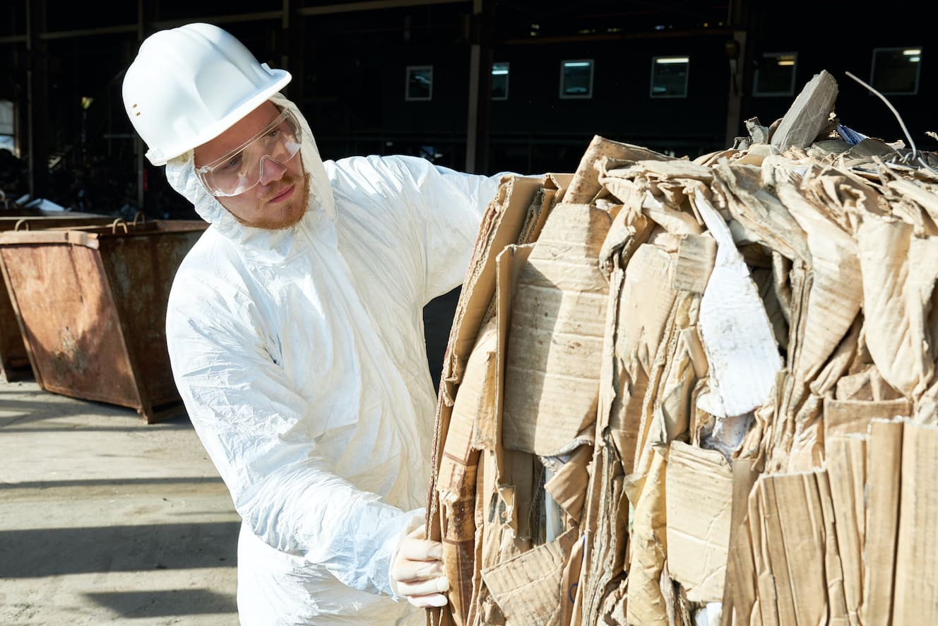 Man in suit sorting cardboard
