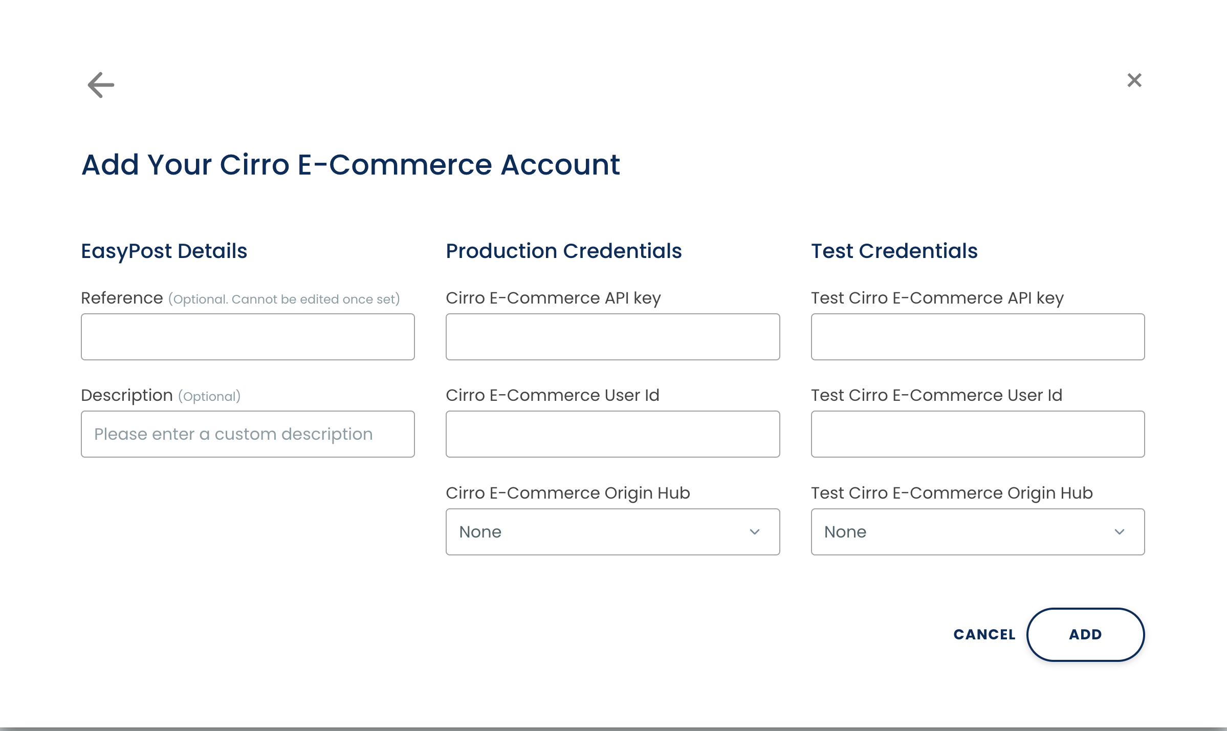 Screenshot of EasyPost dashboard form to add your Cirro E-Commerce account