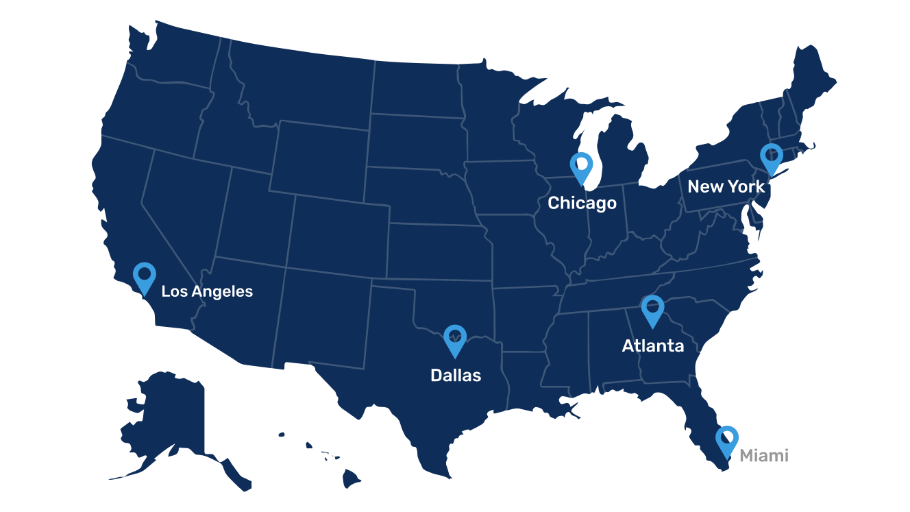 Map showing coverage area for Cirro E-Commerce showing locations in Los Angeles, Dallas, Chicago, Atlanta, New York, and Miami