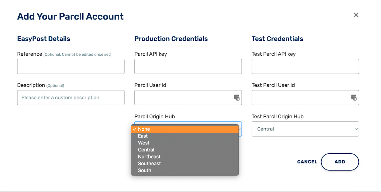 Screenshot of EasyPost dashboard form to add your PARCLL account