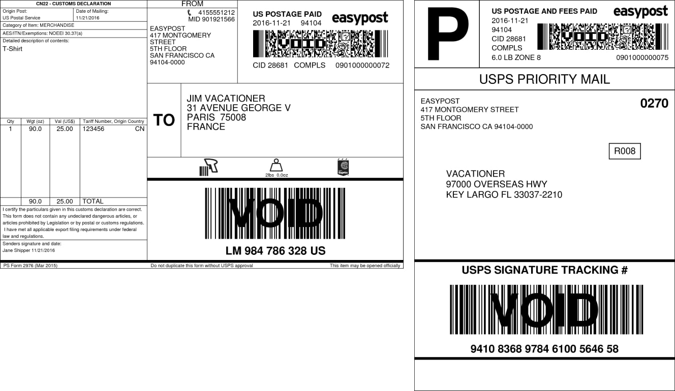 Sample international and domestic USPS labels