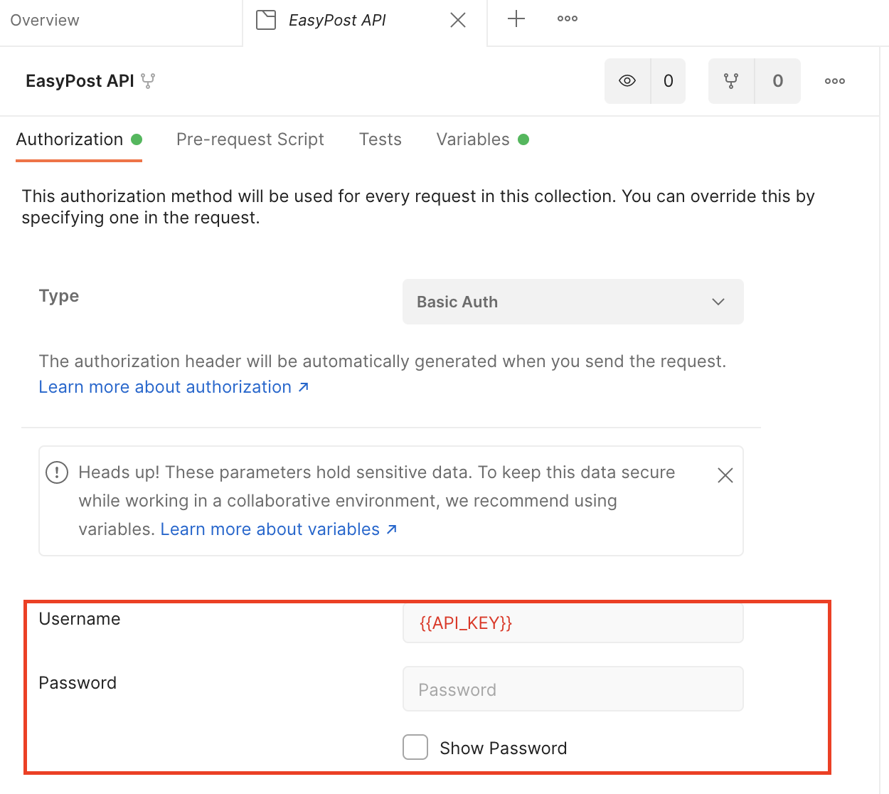 Screenshot of using EasyPost API key within Postman
